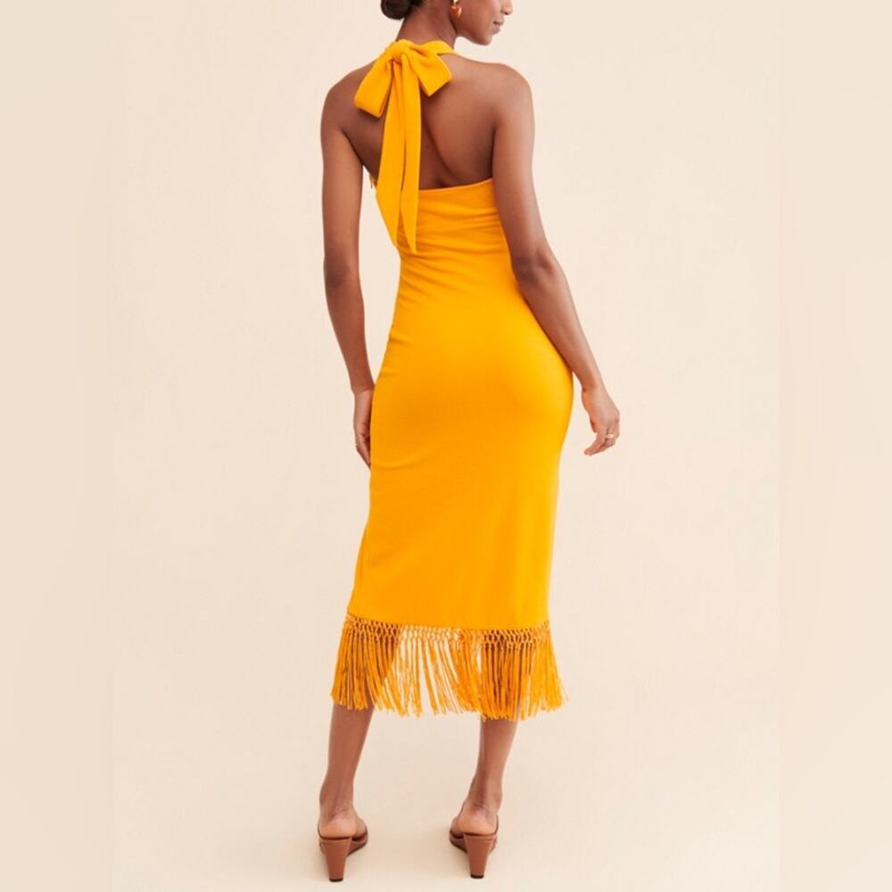 Saylor Women’s Jynx Fringe Halter Neck Mango Yellow Knit Midi Dress Sz S - Picture 5 of 13